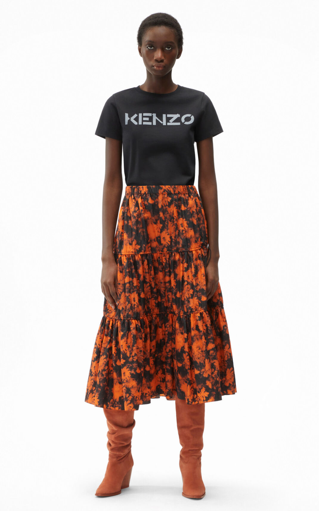 Saia Kenzo Ghost Flower Midi Feminino - Laranja | 584WMUXTA